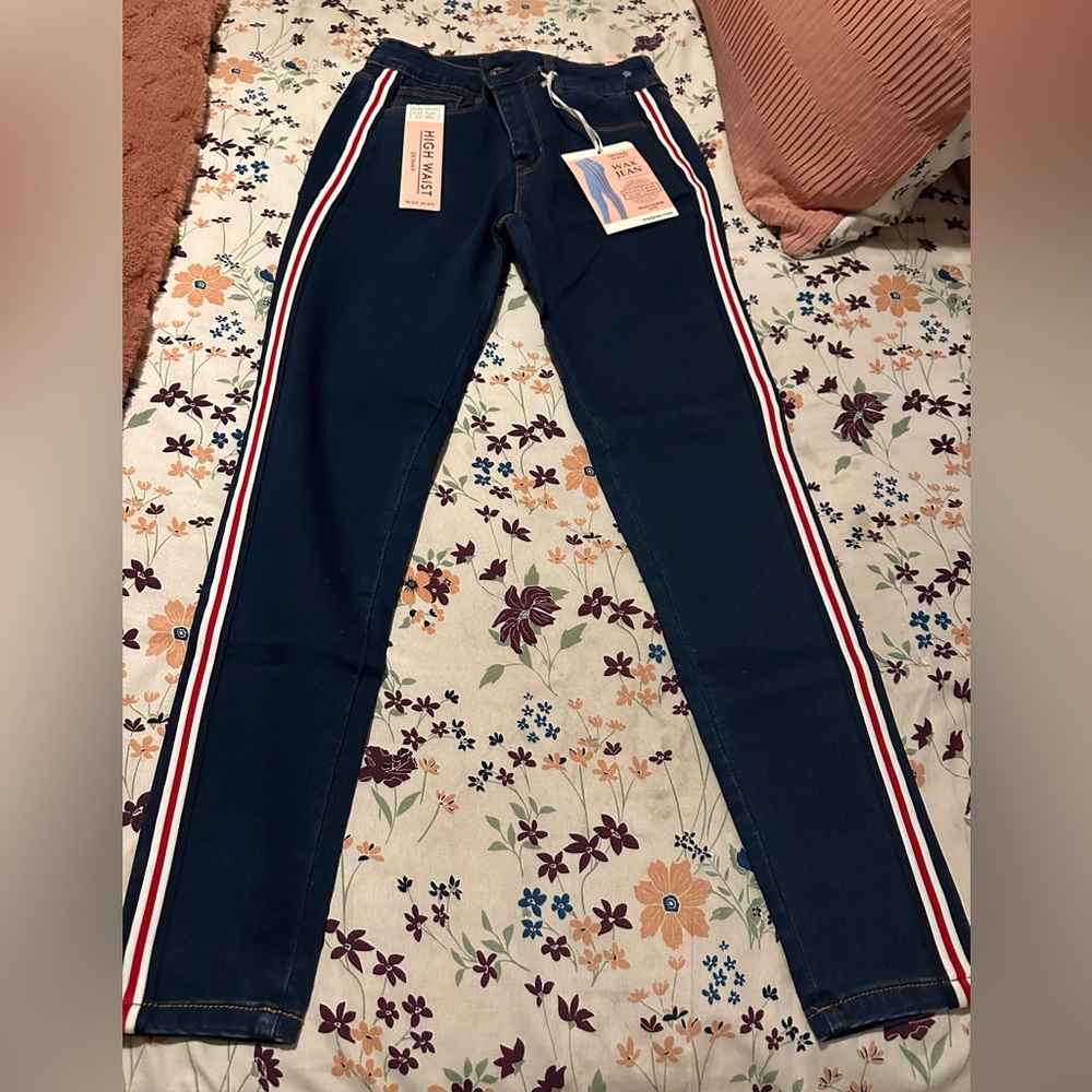 Wax Jean High Rise Dark Blue Jeans with Red and White Stripes